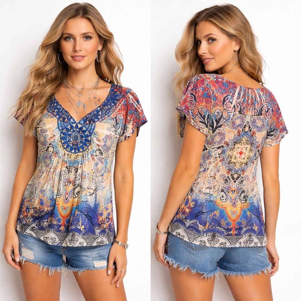 Y2K Festival Top Womens Large Multicolor Empire Sequin Bling Short Sleeve Shirt